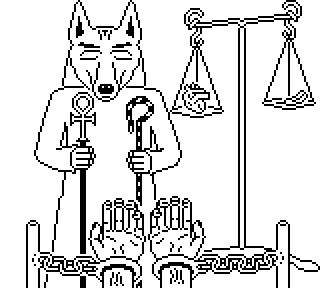 Chained hands, Anubis, and scale weighing feather and heart