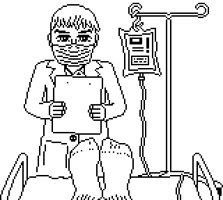 Hospital bed, doctor, and IV bag