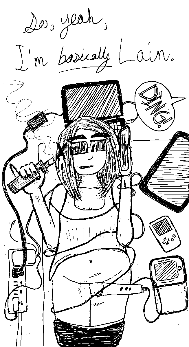 So, yeah, I'm *basically* Lain. (girl lying on bed surrounded by screens, vaping and talking on the phone; she has a vibrator on between her legs and the cord wrapped all around her; she has Lain's X hair tie and looks like she thinks she's very cool; in the distance the air fryer goes DING!)
