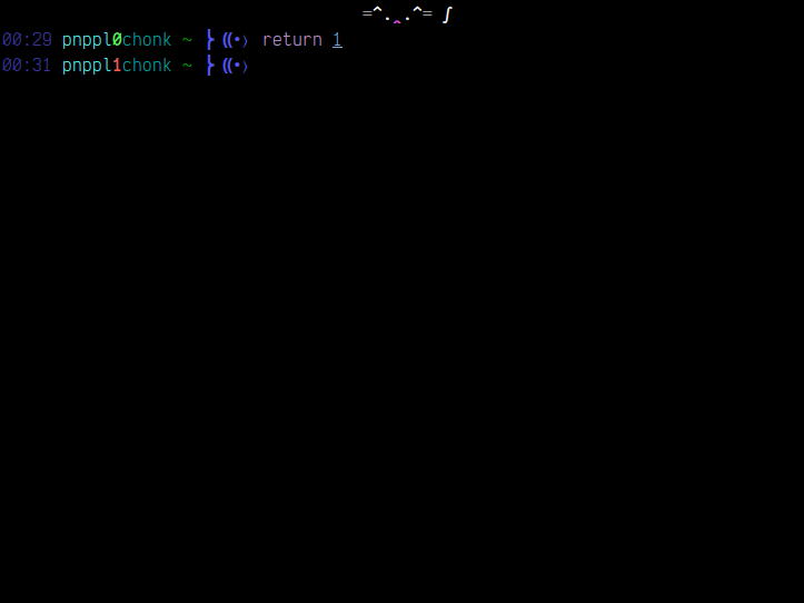 Screenshot of terminal emulator. There's text art of a cat at the top. The prompt ends with text art of a fish. Screenshot of terminal emulator. There's text art of a cat at the top. The prompt ends with text art of a fish.