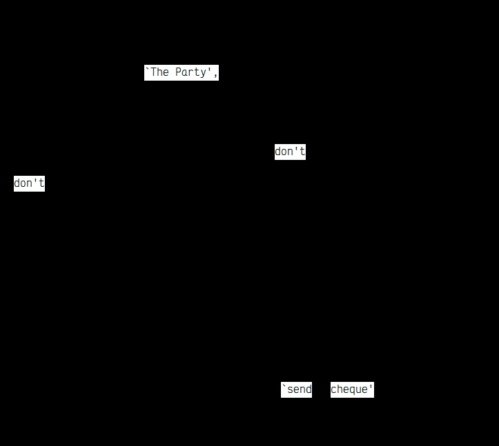 Diff poem from Now: 'The Party', / don't / don't / 'send cheque'
