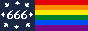 Gay pride flag with an extra blue square that says 666 surrounded by weed leaves